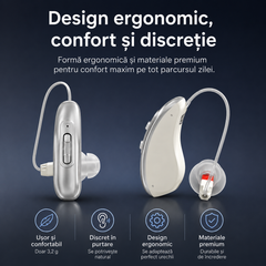 Set aparat auditiv POKKO PRO, digital, reincarcabil USB, carcasa cu igienizare UV, amplificare 130 dB, reducere zgomot, pentru adulti si varstnici, certificat CE
