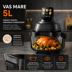 Air Fryer, friteuza cu aer cald POKKO GLASSFRY cu vas din sticla, usor de curatat, 2 vase incluse, 1500W, gatire vizibila