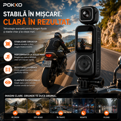 Camera Video Sport Corporala POKKO Q3, Bodycam 4K Ultra HD, Dual Lens Fata-Spate, Wi-Fi, Ecran IPS 1.5”, Baterie 2000mAh, Card TF pana la 128GB, accesorii incluse, Negru