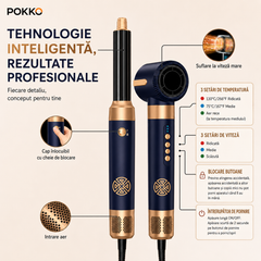 Uscator de par profesional POKKO AIRGLOW 7 in 1, feon CURLY, 2 ondulatoare, perie indreptare, difuzor, concentrator, 110000rpm, mov