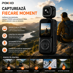 Camera Video Sport Corporala POKKO Q3, Bodycam 4K Ultra HD, Dual Lens Fata-Spate, Wi-Fi, Ecran IPS 1.5”, Baterie 2000mAh, Card TF pana la 128GB, accesorii incluse, Negru