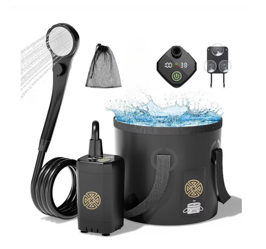 Dus Portabil Camping POKKO Camp Shower™ 6000mAh, Ecran LED, Moduri Pulverizare, IPX7 Waterproof, cu Galeata Pliabila 20l, Cap Dus, Furtun, Pompa, Cablu USB, Carlig, Husa, drumetii, negru