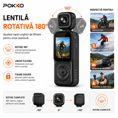 Camera Video Sport Corporala POKKO Q3, Bodycam 4K Ultra HD, Dual Lens Fata-Spate, Wi-Fi, Ecran IPS 1.5”, Baterie 2000mAh, Card TF pana la 128GB, accesorii incluse, Negru