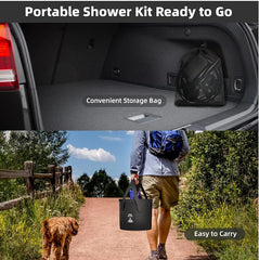 Dus Portabil Camping POKKO Camp Shower™ 6000mAh, Ecran LED, Moduri Pulverizare, IPX7 Waterproof, cu Galeata Pliabila 20l, Cap Dus, Furtun, Pompa, Cablu USB, Carlig, Husa, drumetii, negru