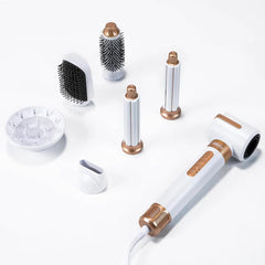 Uscator de par profesional POKKO AIRGLOW 7 in 1, feon CURLY, 2 ondulatoare, perie indreptare, difuzor, concentrator, 110000rpm, alb-auriu
