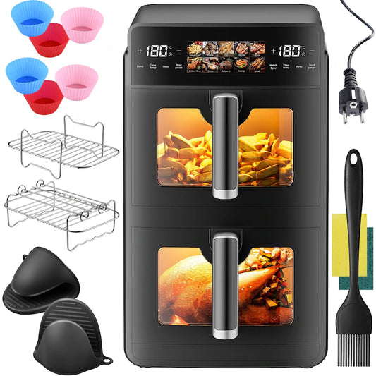 Friteuza dubla cu aer cald POKKO DUAL AIRFRY™, 10L (2×5L), 2600W, panou digital tactil LED, 10 programe presetate, temperatura reglabila, fara ulei, 2 manusi, 2 gratare, pensula, 6 forme, negru