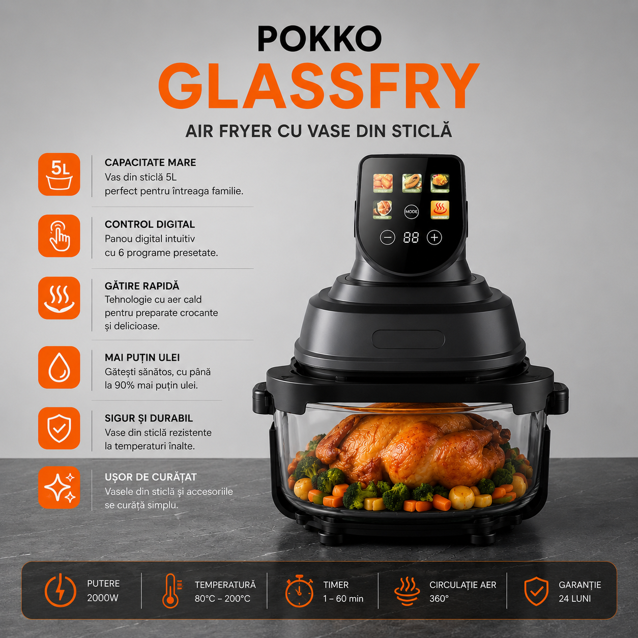 Air Fryer, friteuza cu aer cald POKKO GLASSFRY cu vas din sticla, usor de curatat, 2 vase incluse, 1500W, gatire vizibila