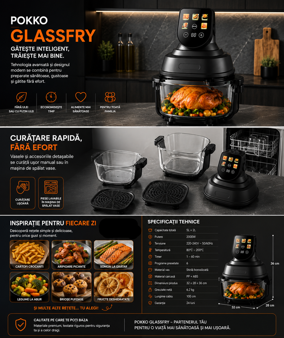 Air Fryer, friteuza cu aer cald POKKO GLASSFRY cu vas din sticla, usor de curatat, 2 vase incluse, 1500W, gatire vizibila