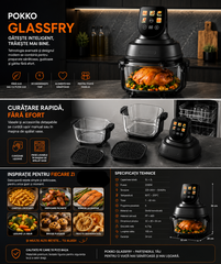 Air Fryer, friteuza cu aer cald POKKO GLASSFRY cu vas din sticla, usor de curatat, 2 vase incluse, 1500W, gatire vizibila