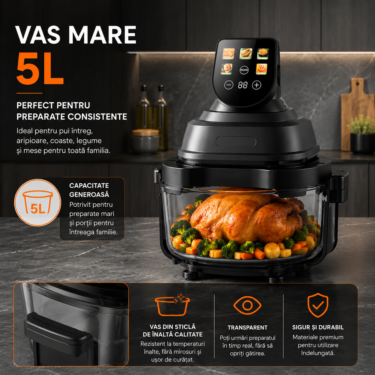 Air Fryer, friteuza cu aer cald POKKO GLASSFRY cu vas din sticla, usor de curatat, 2 vase incluse, 1500W, gatire vizibila