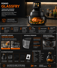Air Fryer, friteuza cu aer cald POKKO GLASSFRY cu vas din sticla, usor de curatat, 2 vase incluse, 1500W, gatire vizibila