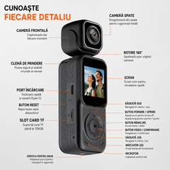 Camera Video Sport Corporala POKKO Q3, Bodycam 4K Ultra HD, Dual Lens Fata-Spate, Wi-Fi, Ecran IPS 1.5”, Baterie 2000mAh, Card TF pana la 128GB, accesorii incluse, Negru