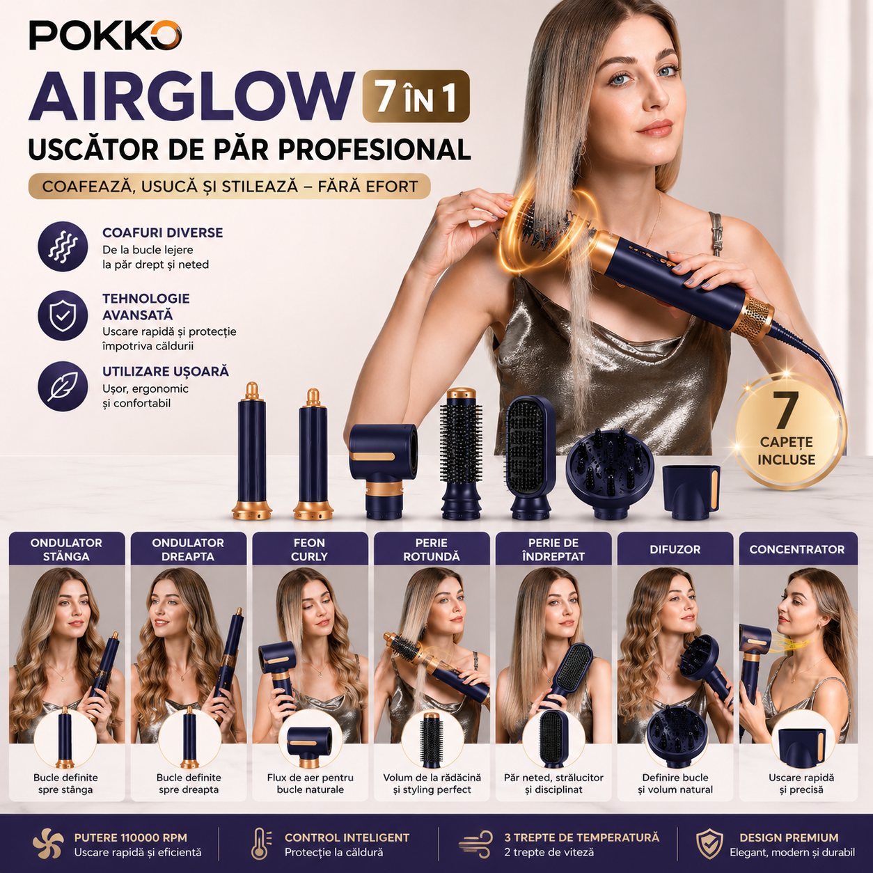 Uscator de par profesional POKKO AIRGLOW 7 in 1, feon CURLY, 2 ondulatoare, perie indreptare, difuzor, concentrator, 110000rpm, mov