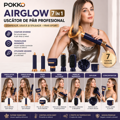 Uscator de par profesional POKKO AIRGLOW 7 in 1, feon CURLY, 2 ondulatoare, perie indreptare, difuzor, concentrator, 110000rpm, mov
