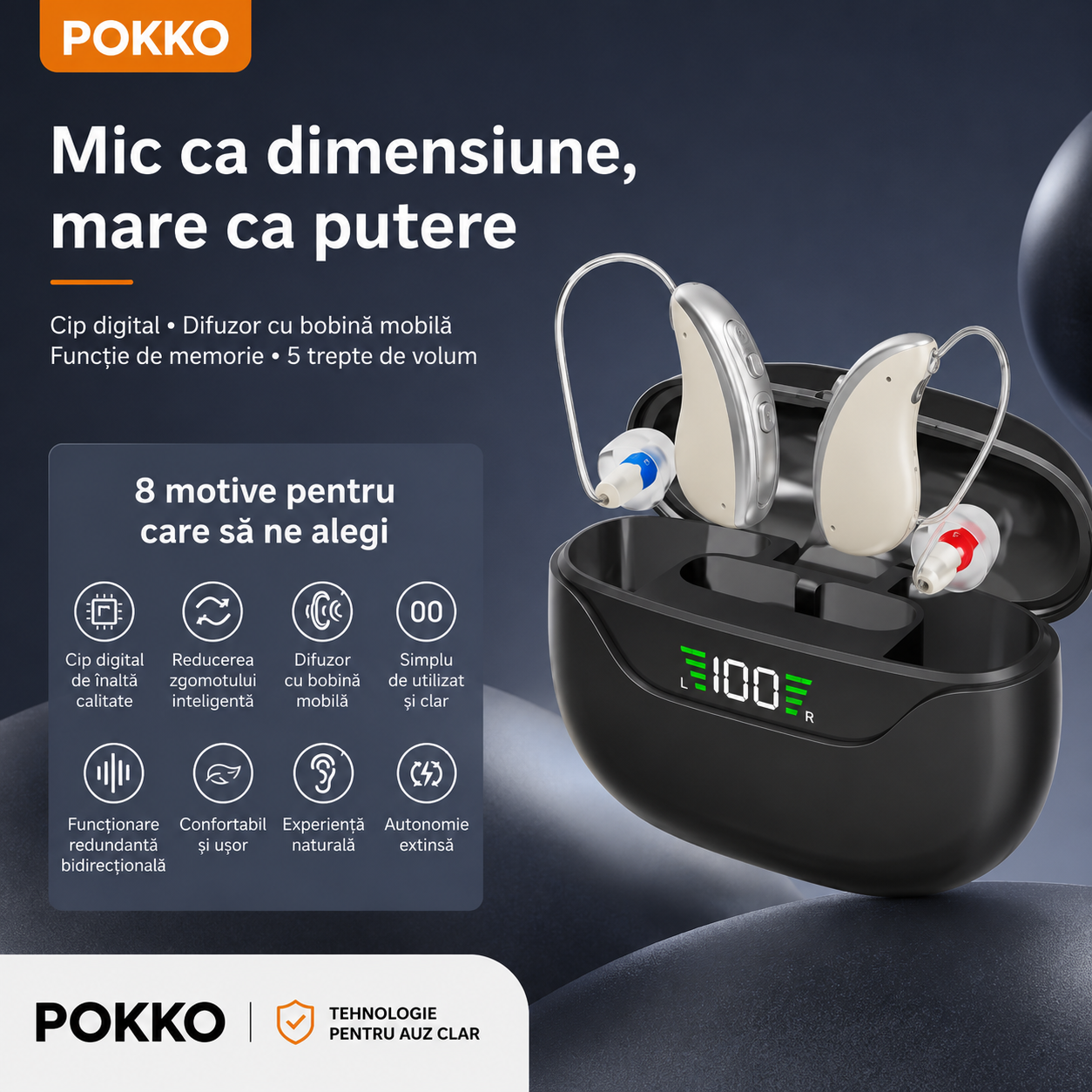 Set aparat auditiv POKKO PRO, digital, reincarcabil USB, carcasa cu igienizare UV, amplificare 130 dB, reducere zgomot, pentru adulti si varstnici, certificat CE