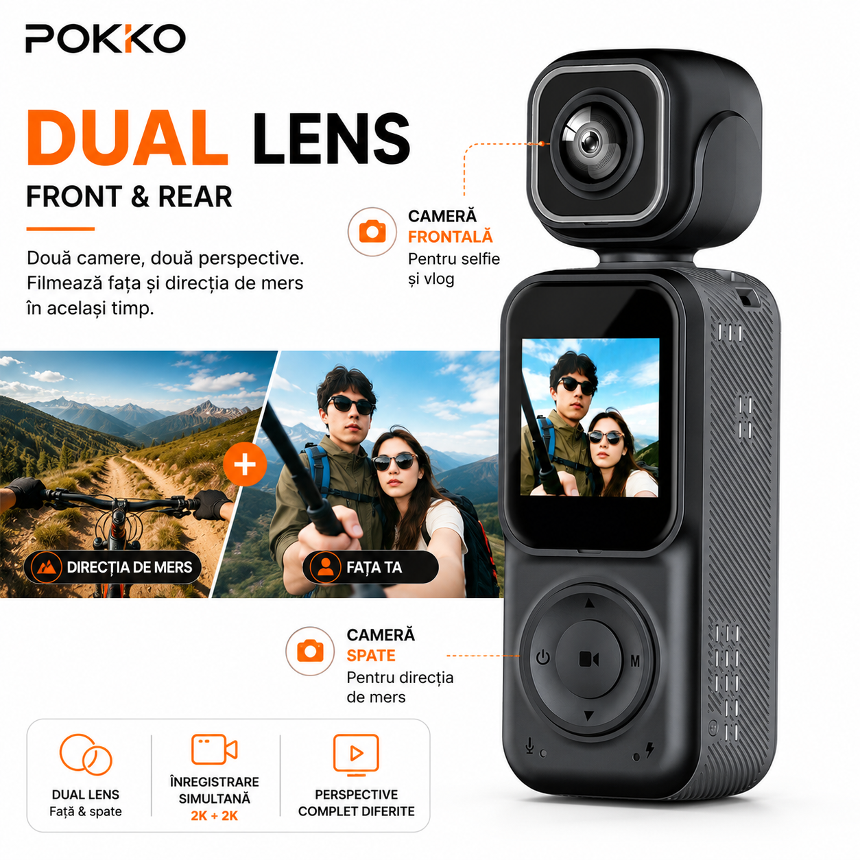 Camera Video Sport Corporala POKKO Q3, Bodycam 4K Ultra HD, Dual Lens Fata-Spate, Wi-Fi, Ecran IPS 1.5”, Baterie 2000mAh, Card TF pana la 128GB, accesorii incluse, Negru
