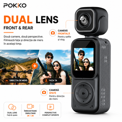 Camera Video Sport Corporala POKKO Q3, Bodycam 4K Ultra HD, Dual Lens Fata-Spate, Wi-Fi, Ecran IPS 1.5”, Baterie 2000mAh, Card TF pana la 128GB, accesorii incluse, Negru