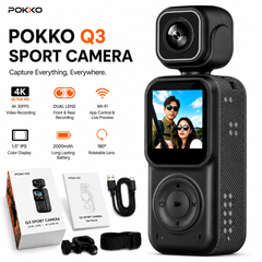 Camera Video Sport Corporala POKKO Q3, Bodycam 4K Ultra HD, Dual Lens Fata-Spate, Wi-Fi, Ecran IPS 1.5”, Baterie 2000mAh, Card TF pana la 128GB, accesorii incluse, Negru