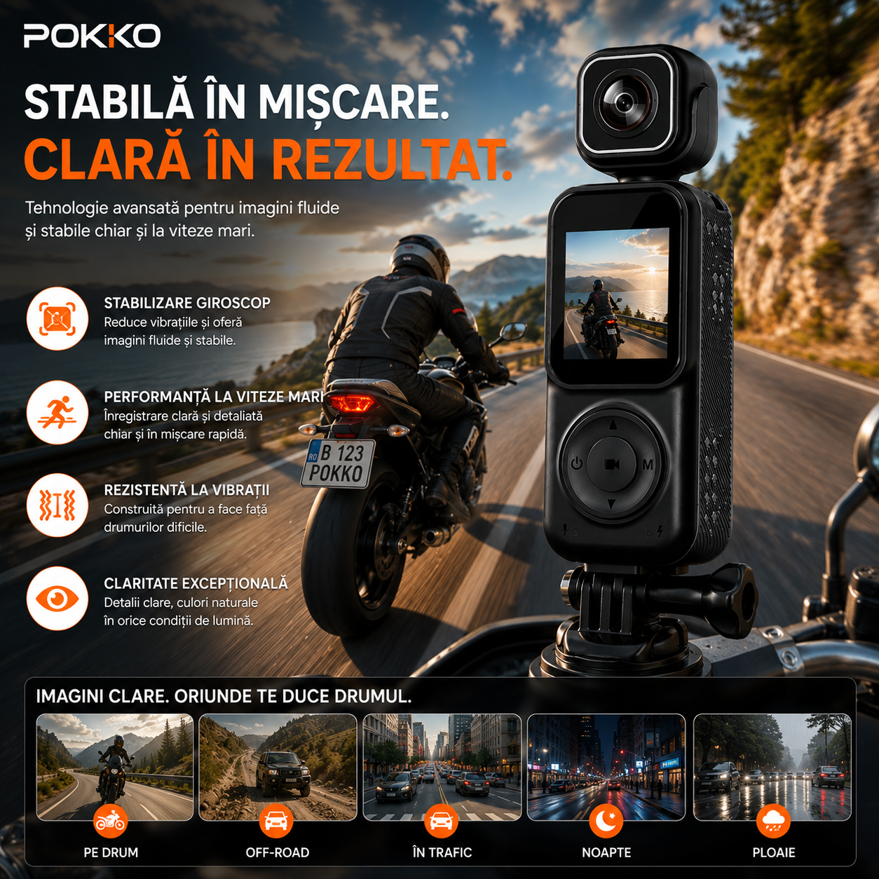 Camera Video Sport Corporala POKKO Q3, Bodycam 4K Ultra HD, Dual Lens Fata-Spate, Wi-Fi, Ecran IPS 1.5”, Baterie 2000mAh, Card TF pana la 128GB, accesorii incluse, Negru