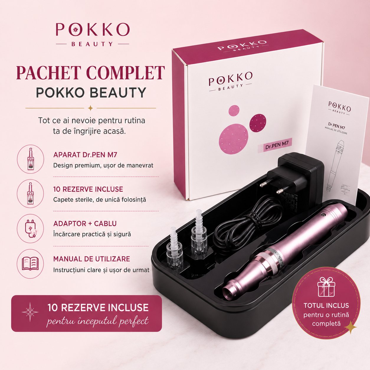Aparat masaj facial, Dermapen Wireless POKKO BEAUTY dr.PEN M7, Microneedling Profesional, cu 10 rezerve incluse, Rejuvenare Piele & Anti-Aging