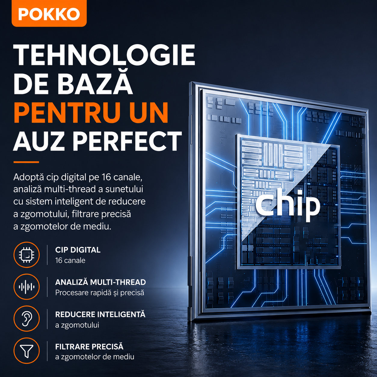 Set aparat auditiv POKKO PRO, digital, reincarcabil USB, carcasa cu igienizare UV, amplificare 130 dB, reducere zgomot, pentru adulti si varstnici, certificat CE