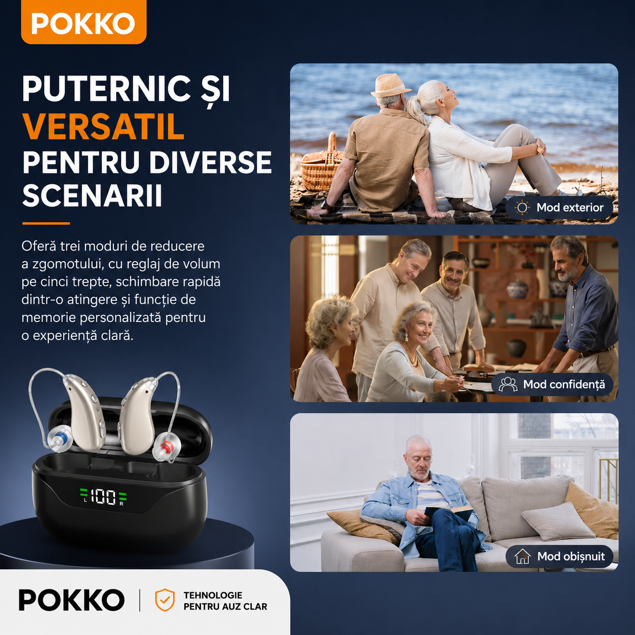 Set aparat auditiv POKKO PRO, digital, reincarcabil USB, carcasa cu igienizare UV, amplificare 130 dB, reducere zgomot, pentru adulti si varstnici, certificat CE