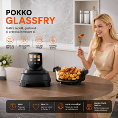 Air Fryer, friteuza cu aer cald POKKO GLASSFRY cu vas din sticla, usor de curatat, 2 vase incluse, 1500W, gatire vizibila
