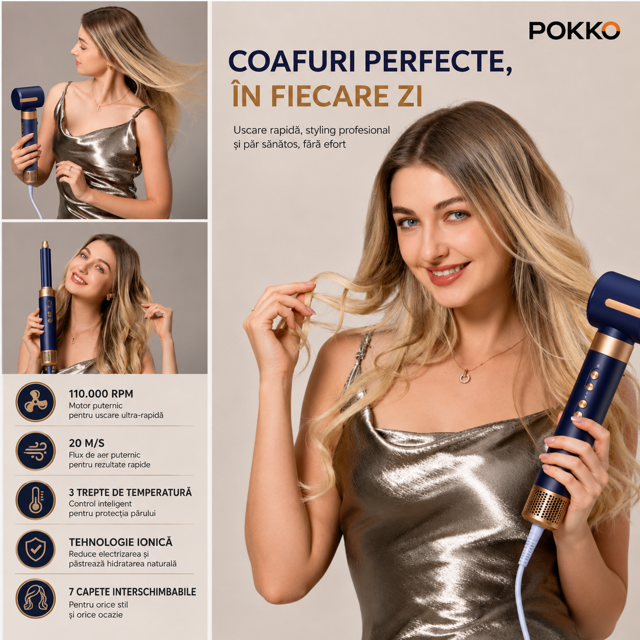 Uscator de par profesional POKKO AIRGLOW 7 in 1, feon CURLY, 2 ondulatoare, perie indreptare, difuzor, concentrator, 110000rpm, mov