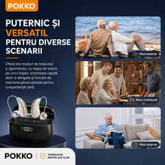 Set aparat auditiv POKKO PRO, digital, reincarcabil USB, carcasa cu igienizare UV, amplificare 130 dB, reducere zgomot, pentru adulti si varstnici, certificat CE