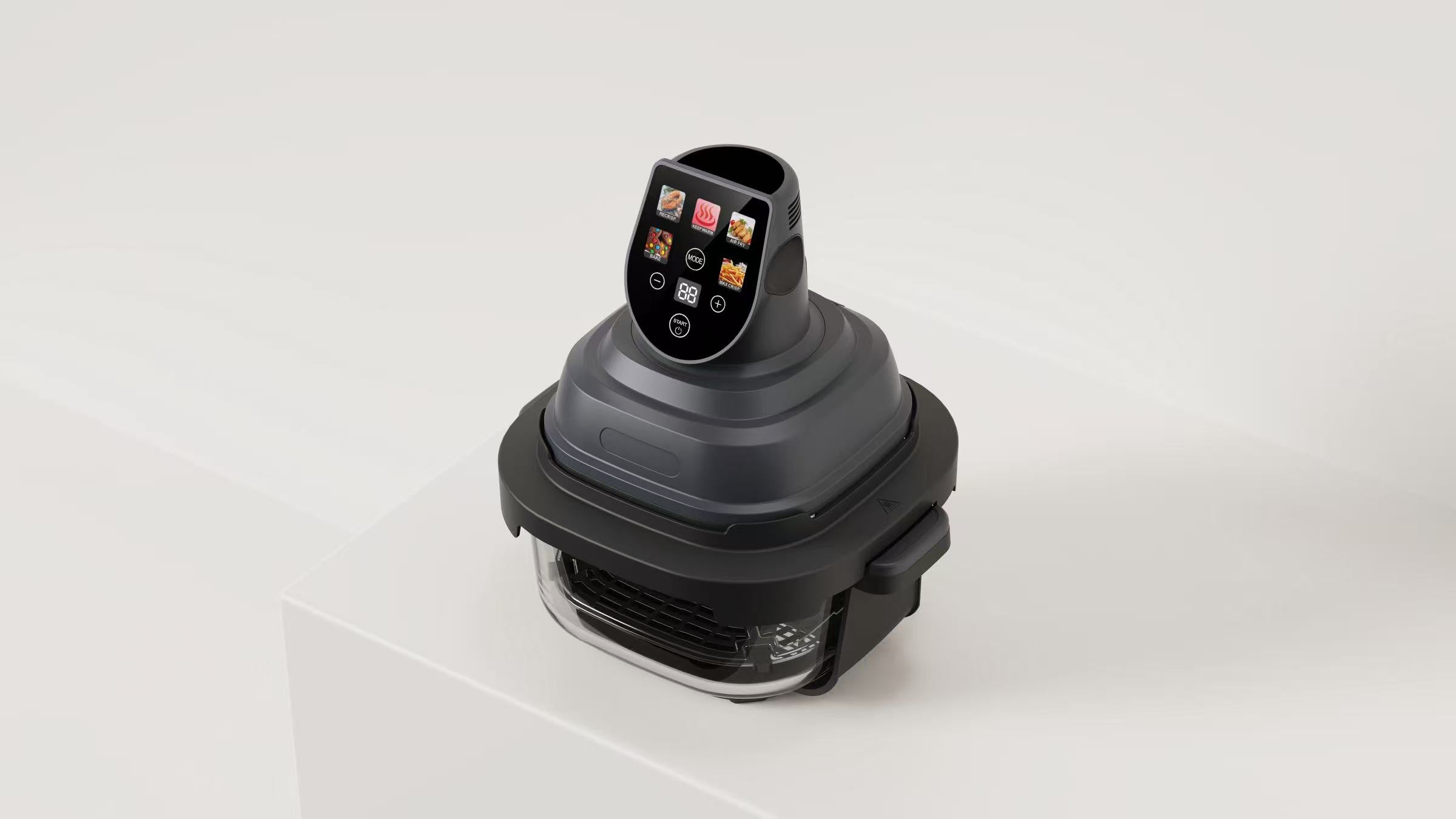 Air Fryer, friteuza cu aer cald POKKO GLASSFRY cu vas din sticla, usor de curatat, 2 vase incluse, 1500W, gatire vizibila