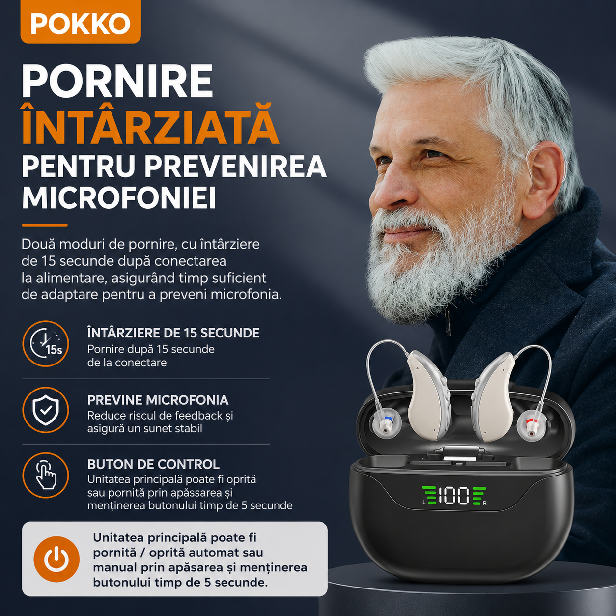 Set aparat auditiv POKKO PRO, digital, reincarcabil USB, carcasa cu igienizare UV, amplificare 130 dB, reducere zgomot, pentru adulti si varstnici, certificat CE
