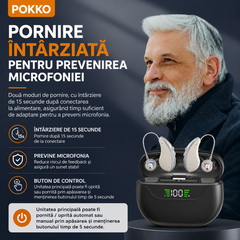 Set aparat auditiv POKKO PRO, digital, reincarcabil USB, carcasa cu igienizare UV, amplificare 130 dB, reducere zgomot, pentru adulti si varstnici, certificat CE
