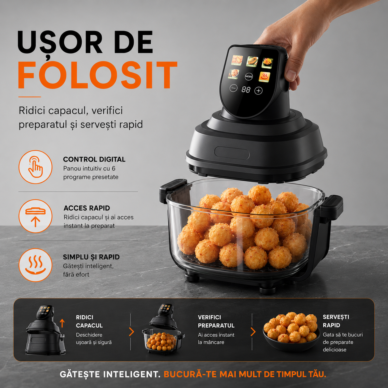 Air Fryer, friteuza cu aer cald POKKO GLASSFRY cu vas din sticla, usor de curatat, 2 vase incluse, 1500W, gatire vizibila