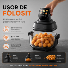Air Fryer, friteuza cu aer cald POKKO GLASSFRY cu vas din sticla, usor de curatat, 2 vase incluse, 1500W, gatire vizibila