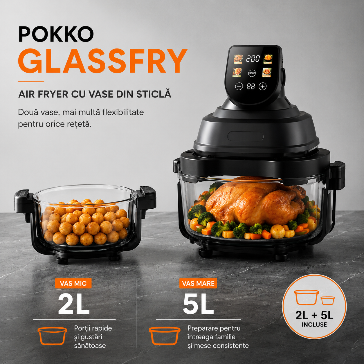Air Fryer, friteuza cu aer cald POKKO GLASSFRY cu vas din sticla, usor de curatat, 2 vase incluse, 1500W, gatire vizibila
