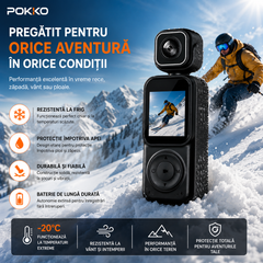 Camera Video Sport Corporala POKKO Q3, Bodycam 4K Ultra HD, Dual Lens Fata-Spate, Wi-Fi, Ecran IPS 1.5”, Baterie 2000mAh, Card TF pana la 128GB, accesorii incluse, Negru