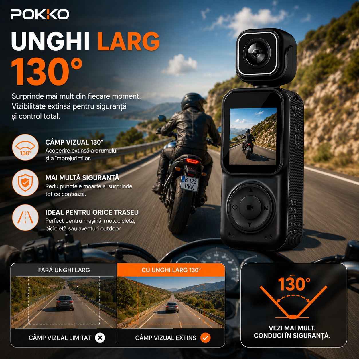 Camera Video Sport Corporala POKKO Q3, Bodycam 4K Ultra HD, Dual Lens Fata-Spate, Wi-Fi, Ecran IPS 1.5”, Baterie 2000mAh, Card TF pana la 128GB, accesorii incluse, Negru
