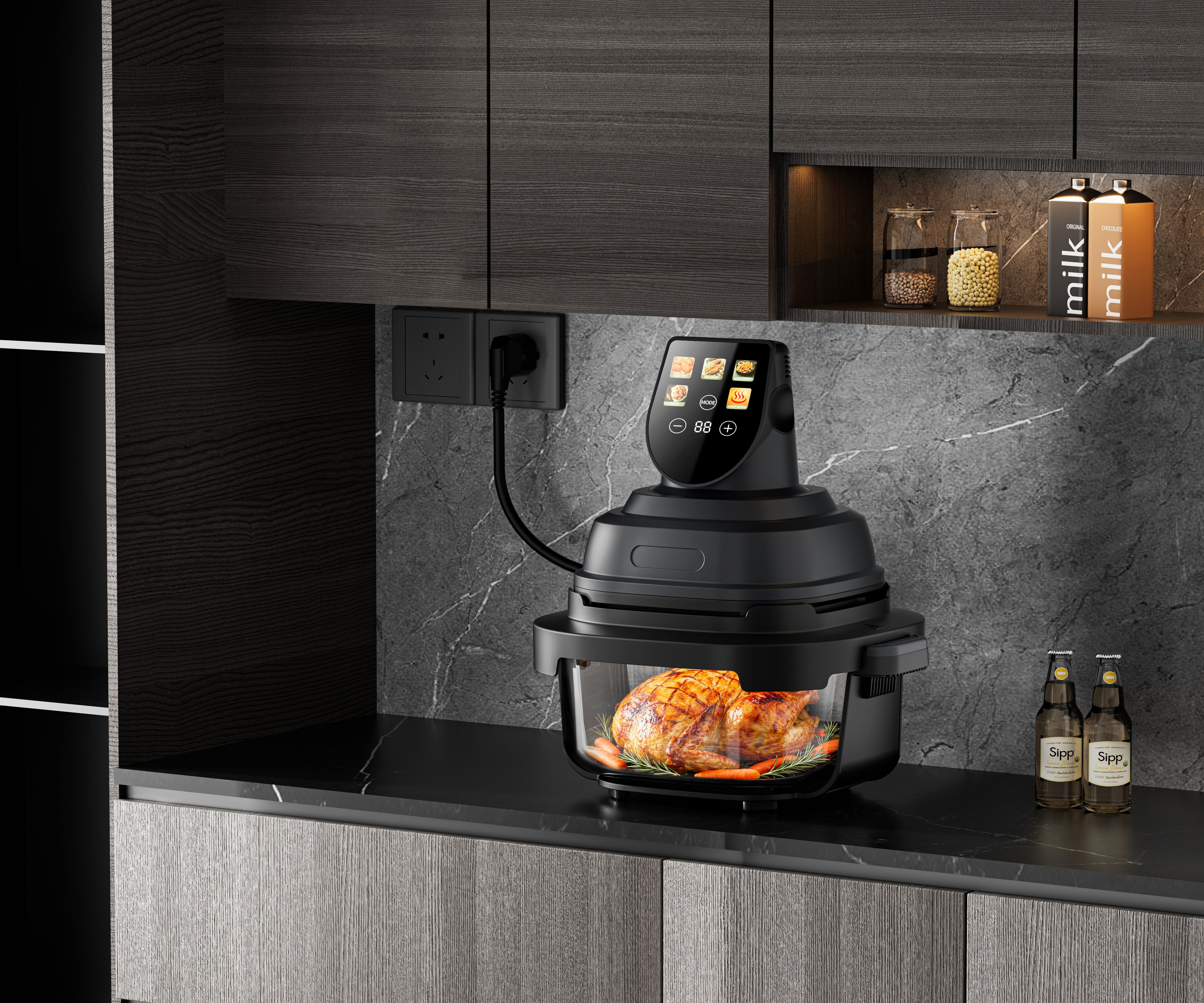 Air Fryer, friteuza cu aer cald POKKO GLASSFRY cu vas din sticla, usor de curatat, 2 vase incluse, 1500W, gatire vizibila