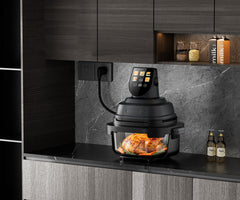 Air Fryer, friteuza cu aer cald POKKO GLASSFRY cu vas din sticla, usor de curatat, 2 vase incluse, 1500W, gatire vizibila