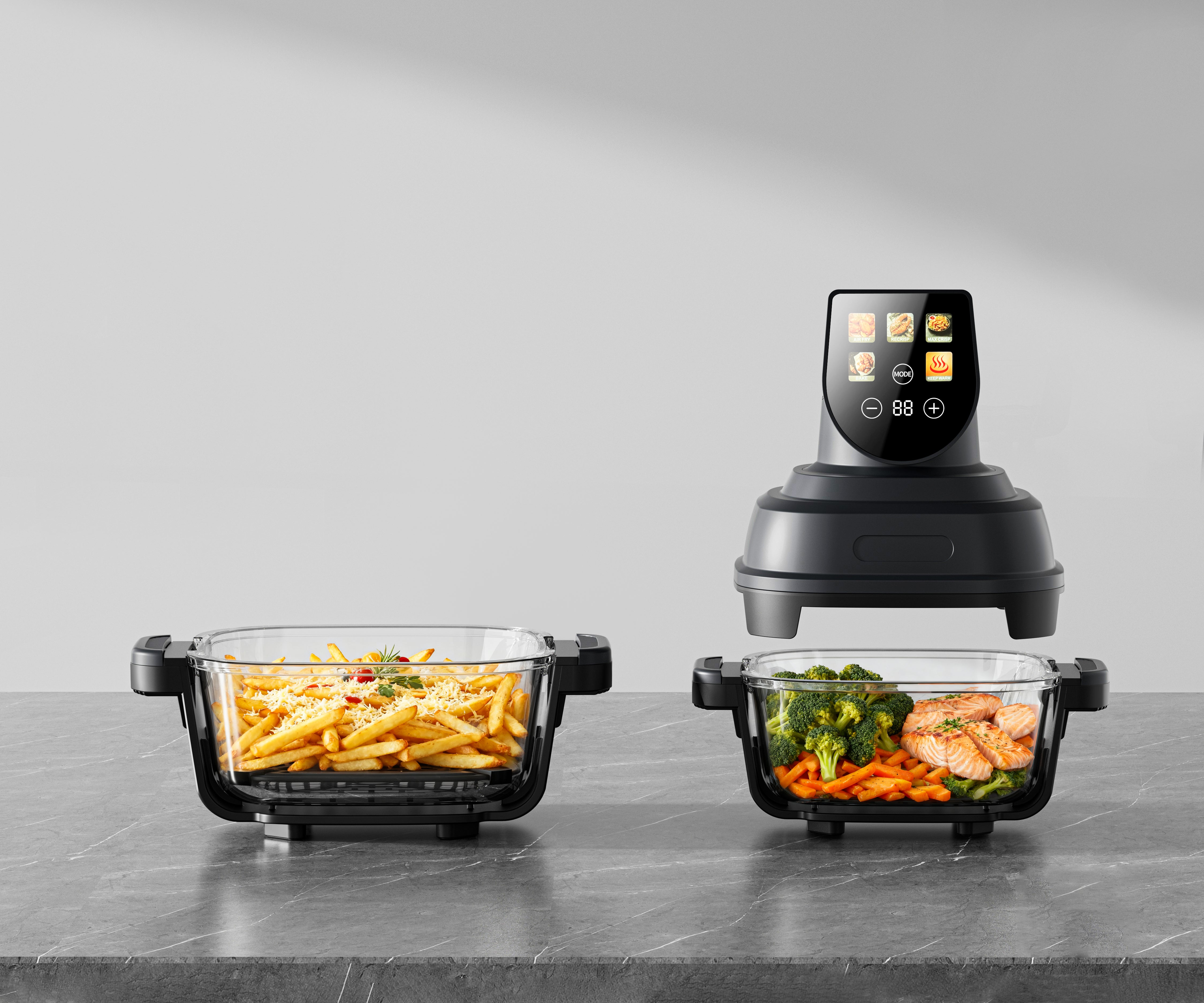 Air Fryer, friteuza cu aer cald POKKO GLASSFRY cu vas din sticla, usor de curatat, 2 vase incluse, 1500W, gatire vizibila