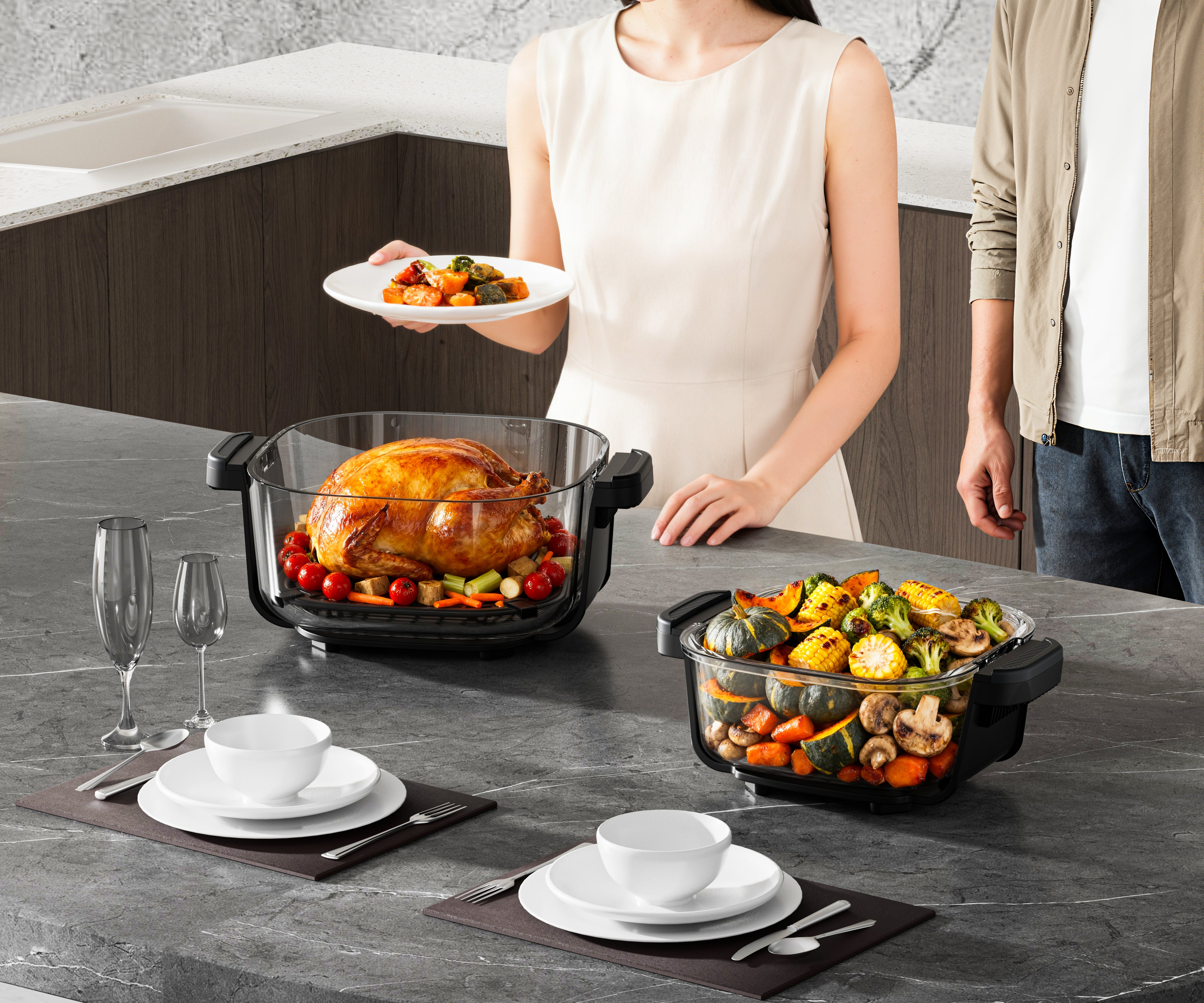 Air Fryer, friteuza cu aer cald POKKO GLASSFRY cu vas din sticla, usor de curatat, 2 vase incluse, 1500W, gatire vizibila