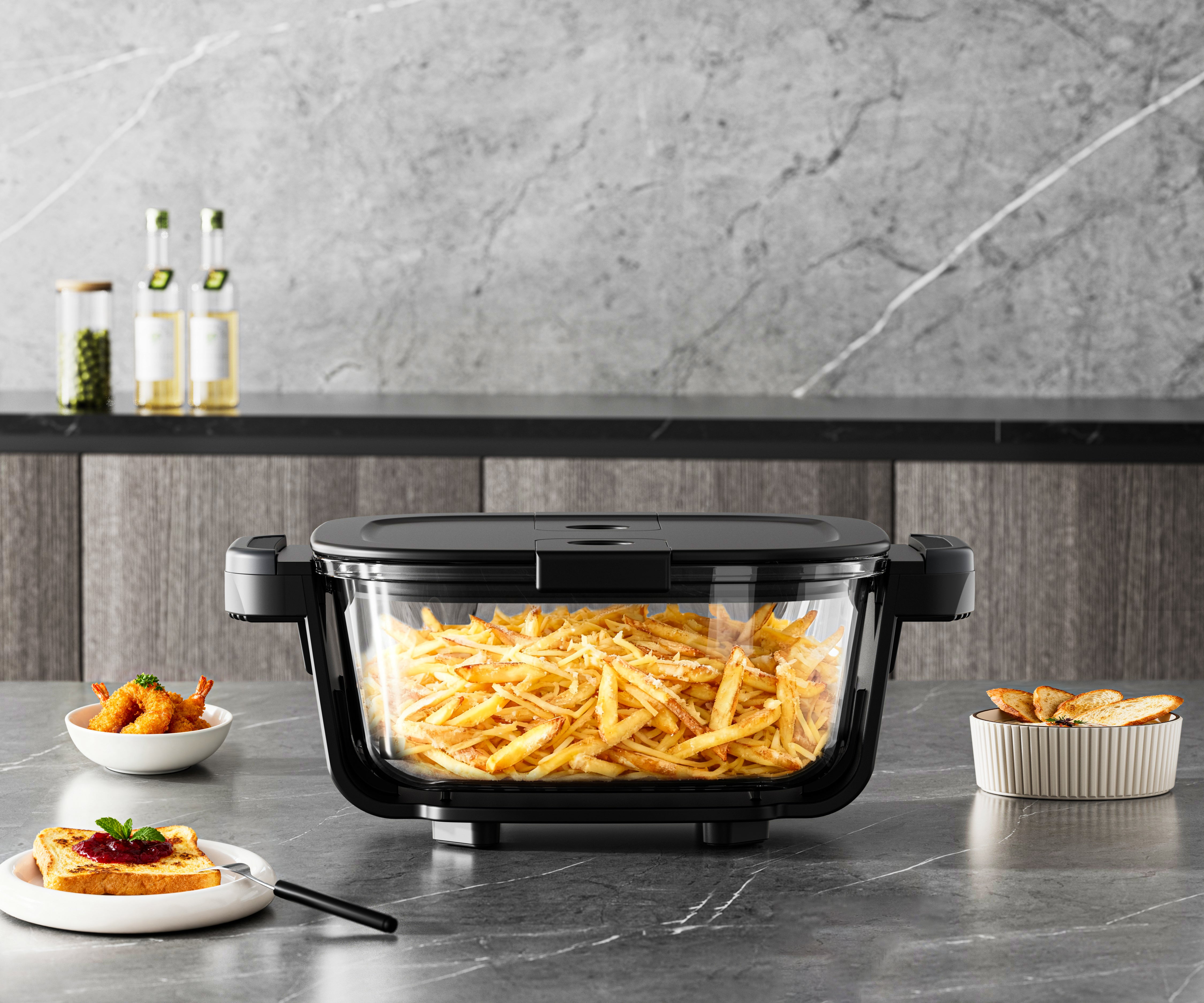 Air Fryer, friteuza cu aer cald POKKO GLASSFRY cu vas din sticla, usor de curatat, 2 vase incluse, 1500W, gatire vizibila