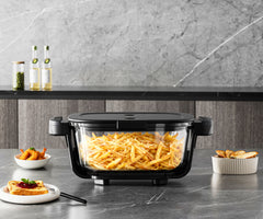 Air Fryer, friteuza cu aer cald POKKO GLASSFRY cu vas din sticla, usor de curatat, 2 vase incluse, 1500W, gatire vizibila