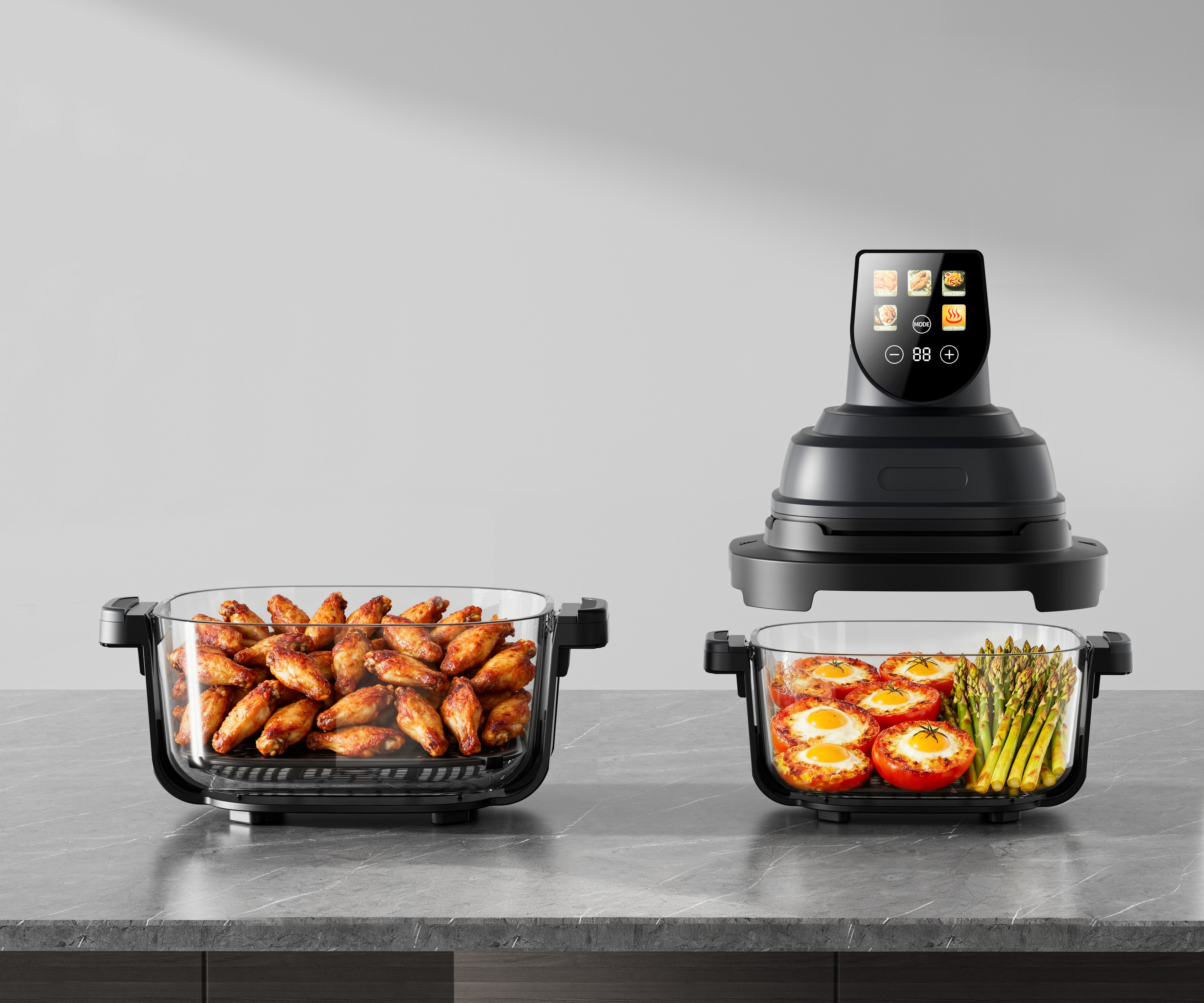Air Fryer, friteuza cu aer cald POKKO GLASSFRY cu vas din sticla, usor de curatat, 2 vase incluse, 1500W, gatire vizibila