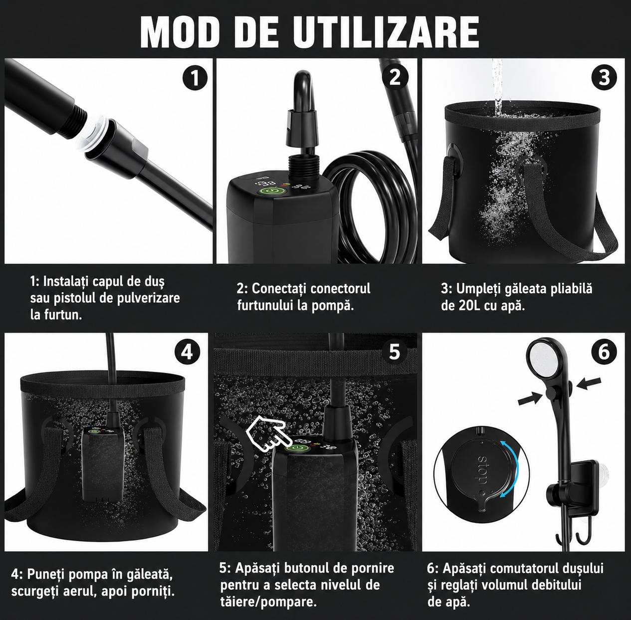 Dus Portabil Camping POKKO Camp Shower™ 6000mAh, Ecran LED, Moduri Pulverizare, IPX7 Waterproof, cu Galeata Pliabila 20l, Cap Dus, Furtun, Pompa, Cablu USB, Carlig, Husa, drumetii, negru