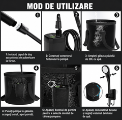 Dus Portabil Camping POKKO Camp Shower™ 6000mAh, Ecran LED, Moduri Pulverizare, IPX7 Waterproof, cu Galeata Pliabila 20l, Cap Dus, Furtun, Pompa, Cablu USB, Carlig, Husa, drumetii, negru
