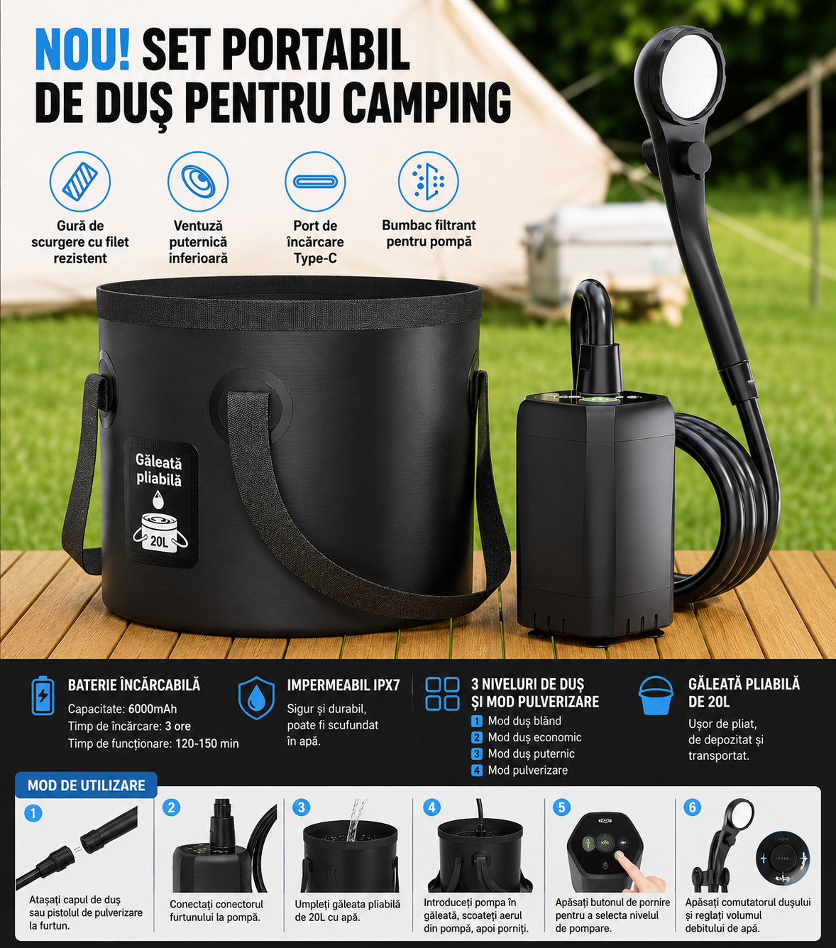 Dus Portabil Camping POKKO Camp Shower™ 6000mAh, Ecran LED, Moduri Pulverizare, IPX7 Waterproof, cu Galeata Pliabila 20l, Cap Dus, Furtun, Pompa, Cablu USB, Carlig, Husa, drumetii, negru