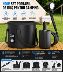 Dus Portabil Camping POKKO Camp Shower™ 6000mAh, Ecran LED, Moduri Pulverizare, IPX7 Waterproof, cu Galeata Pliabila 20l, Cap Dus, Furtun, Pompa, Cablu USB, Carlig, Husa, drumetii, negru