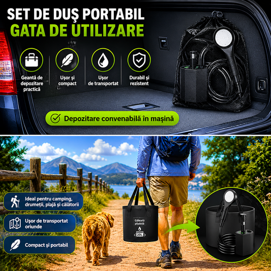 Dus Portabil Camping POKKO Camp Shower™ 6000mAh, Ecran LED, Moduri Pulverizare, IPX7 Waterproof, cu Galeata Pliabila 20l, Cap Dus, Furtun, Pompa, Cablu USB, Carlig, Husa, drumetii, negru