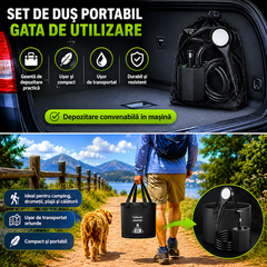 Dus Portabil Camping POKKO Camp Shower™ 6000mAh, Ecran LED, Moduri Pulverizare, IPX7 Waterproof, cu Galeata Pliabila 20l, Cap Dus, Furtun, Pompa, Cablu USB, Carlig, Husa, drumetii, negru